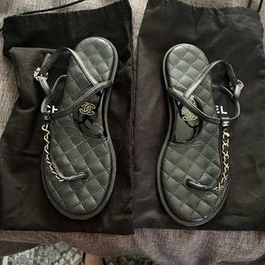 Chanel Lam and calf skin leather thong sandals.